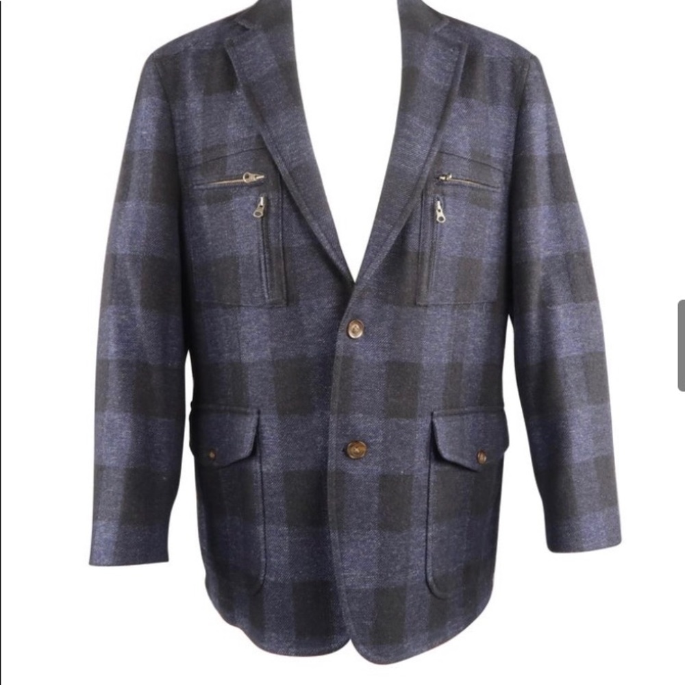 KROON MENS NAVY CHECKERED WOOL BLEND JACKET